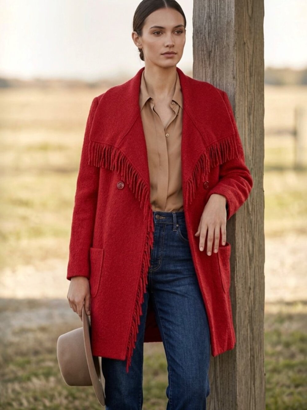 Chico’s Fringe Wool Blend Pea Coat L Double Breasted Southwestern Relaxed